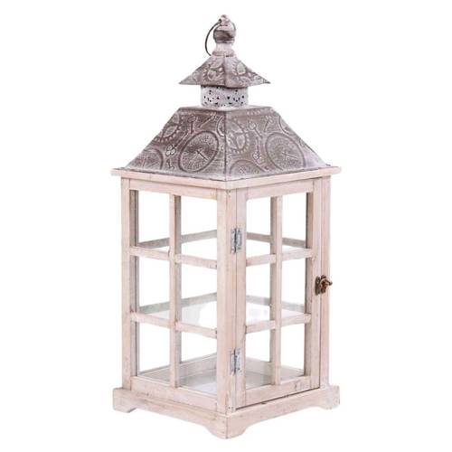 Lanterna legno naturale quadrata tetto metallo grigio decorato 57h