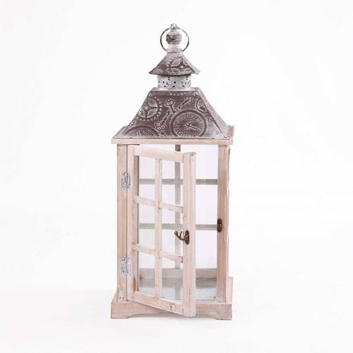 Lanterna legno naturale quadrata tetto metallo grigio decorato 57h