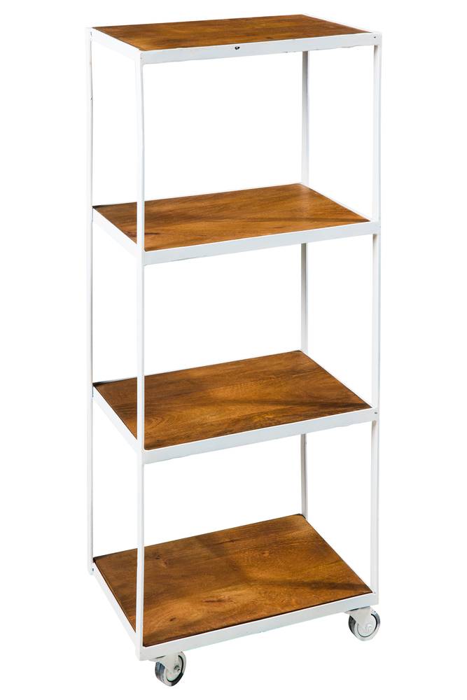 Libreria legno naturale e ferro bianco vintage con ruote 4 piani