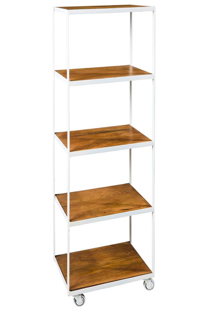 Libreria legno naturale e ferro bianco vintage con ruote 5 piani