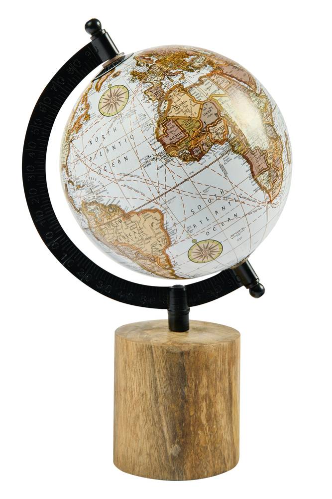 Mappamondo antico globo bianco marrone base cilindro legno tondo 30h