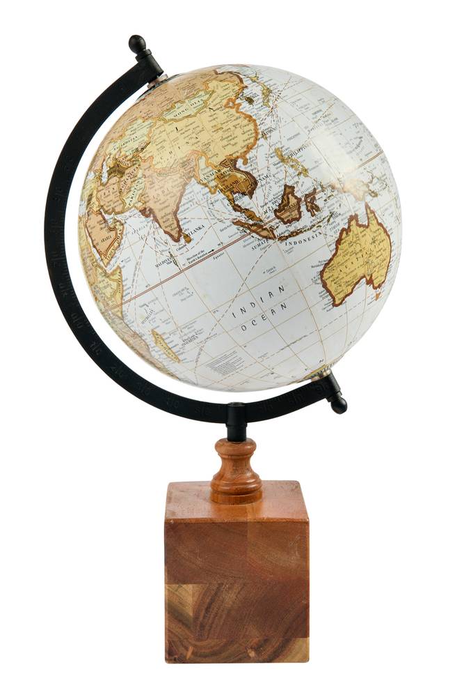 Mappamondo antico globo bianco marrone base legno quadrata 40h