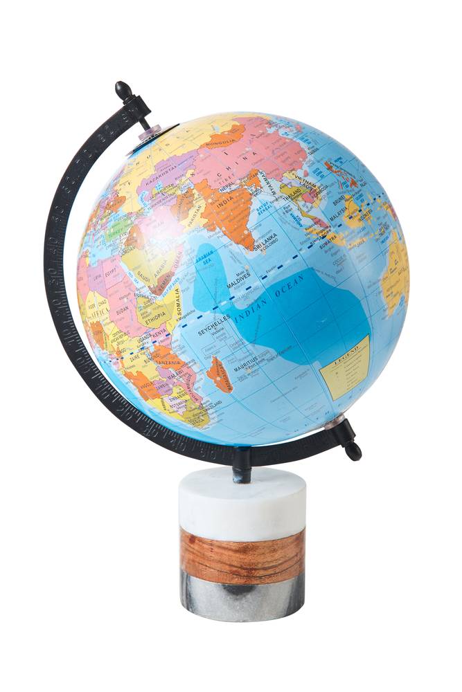 Mappamondo globo colorato azzurro su base marmo bianco 30h