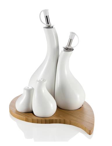 Menage goccia olio aceto sale e pepe porcellana con base bamboo