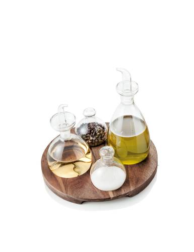 Menage olio aceto sale e pepe vetro soffiato con base legno