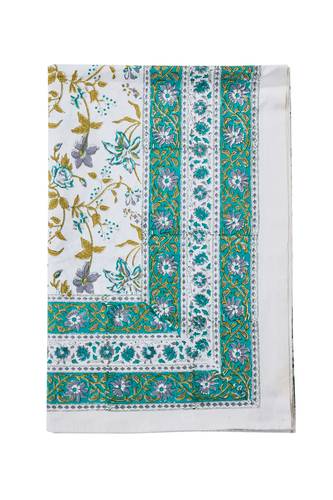 Mezzero telo arredo Bellagio fiori con bordo verde smeraldo 270x270