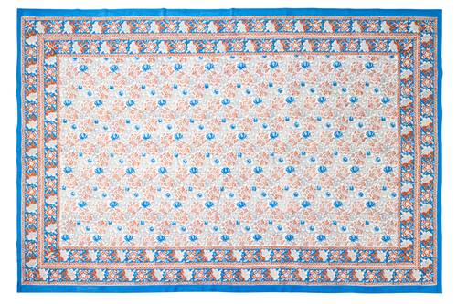 Mezzero telo arredo Camogli fiori arancio bordo blu cotone 180x270