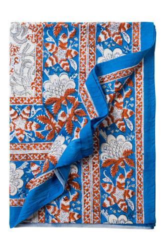 Mezzero telo arredo Camogli fiori arancio bordo blu cotone 180x270