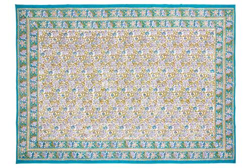 Mezzero telo arredo Monreale foglie verdi e bordo turchese cotone 180x270