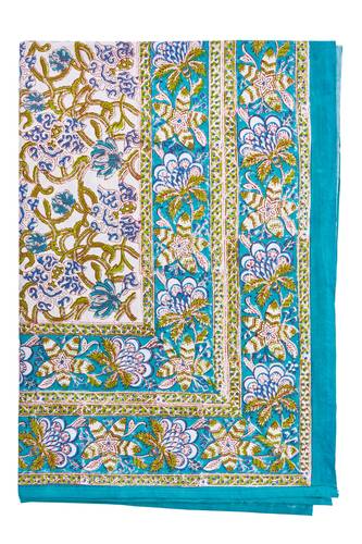 Mezzero telo arredo Monreale foglie verdi e bordo turchese cotone 180x270