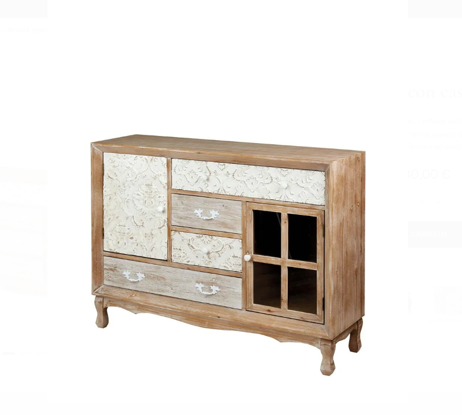 Mobile country legno naturale decoro bianco 4 cassetti e 2 ante