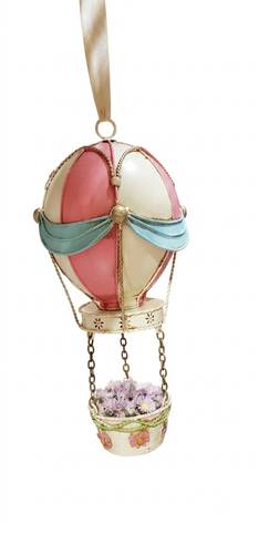 Mongolfiera metallo bianco-rosa con cesta di fiori da appendere 30h