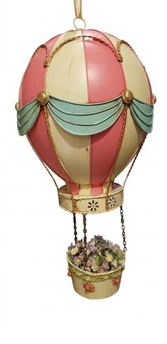 Mongolfiera metallo bianco-rosa con cesta di fiori da appendere 55h