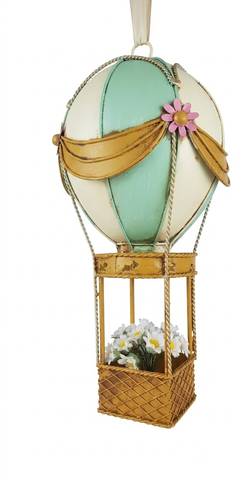 Mongolfiera metallo bianco-verde con cesta di fiori da appendere 30h