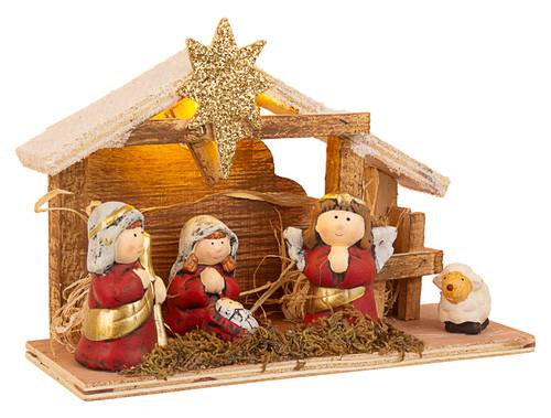 Nativita' ceramica rossa e oro con capanna legno e luce led