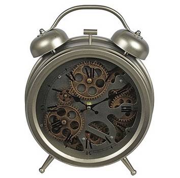 Orologio da tavolo metallo argento con ingranaggi e due campane vintage