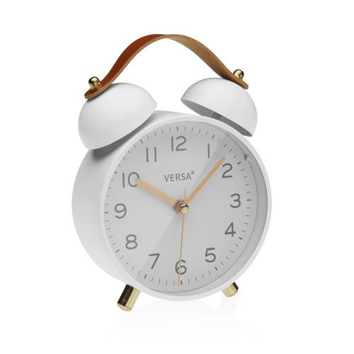 Orologio sveglia vintage con campane bianco da tavolo maniglia cuoio 14,5h
