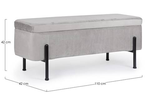 Panca contenitore velluto grigio chiaro piedi metallo nero 110cm