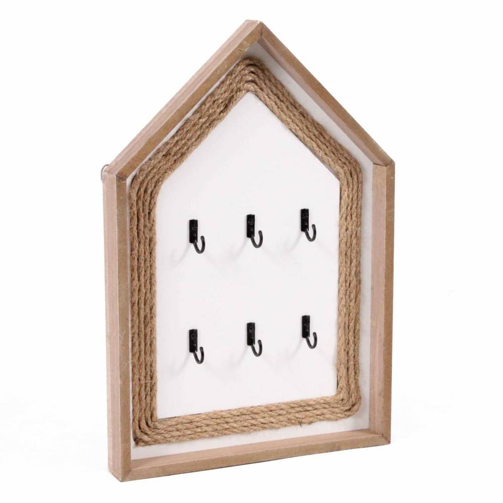 Pannello portachiavi legno bianco decoro cordoncina in iuta 6 ganci