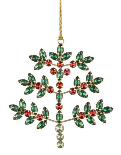 Pendaglio albero metallo oro con diamanti rosso e verde cm 16h