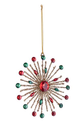 Pendaglio fiocco neve metallo oro con diamanti rosso e verde cm 15
