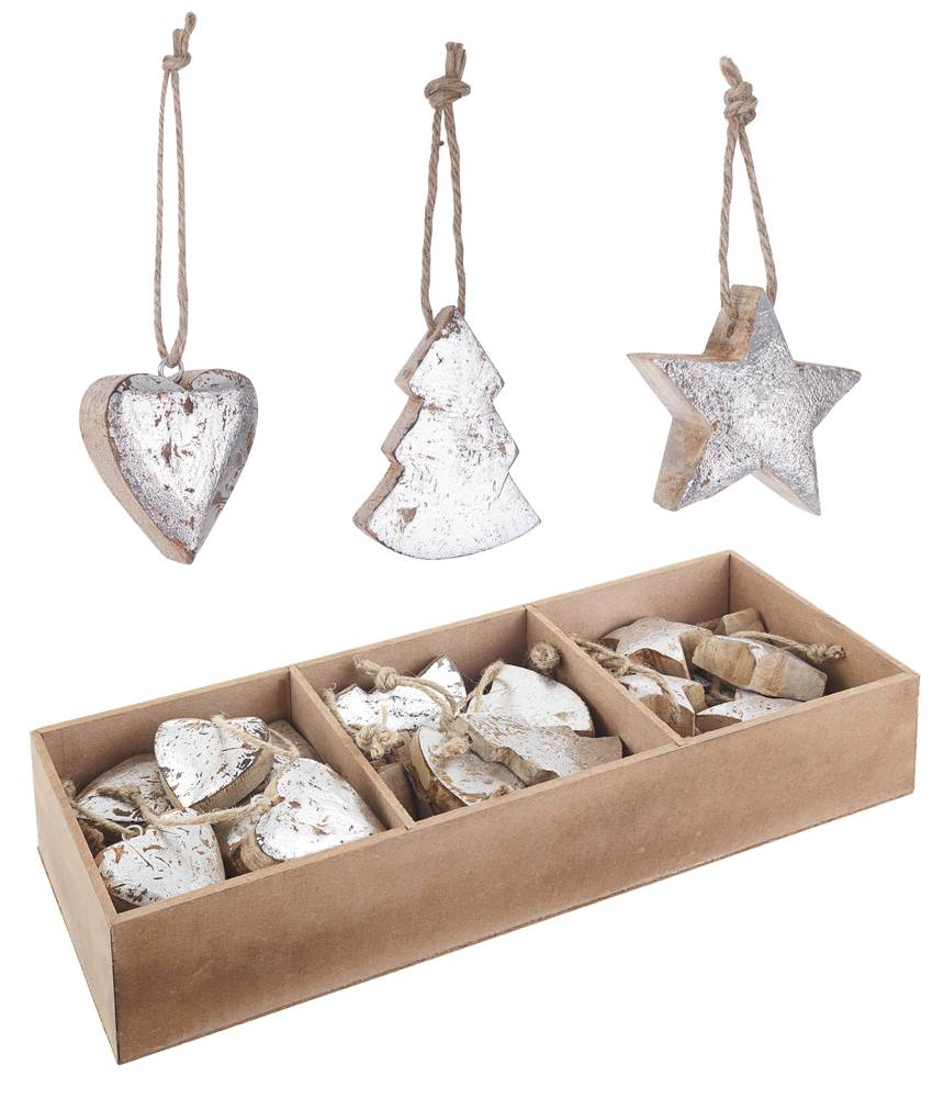 Pendaglio legno argento formina stella cuore pino