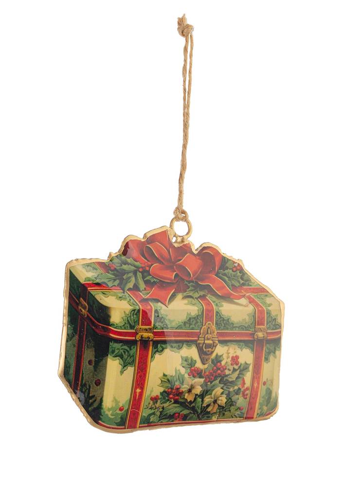 Pendaglio metallo vintage baule con fiocco rosso