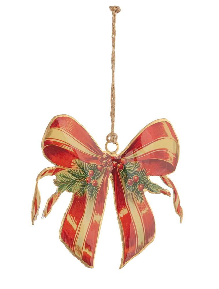 Pendaglio metallo vintage fiocco rosso con pino verde