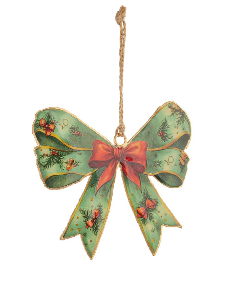 Pendaglio metallo vintage fiocco verde con nastro rosso