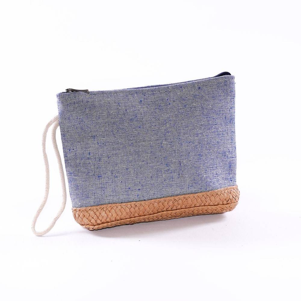 Pochette tela blu con pagliuzze oro e rafia con cerniera