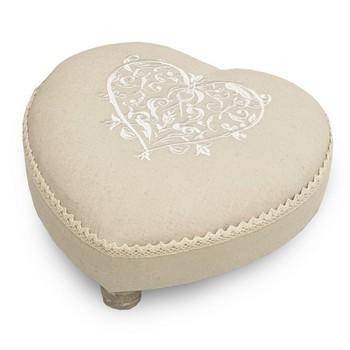 Poggiapiedi imbottito cuore beige con ricamo piedi legno