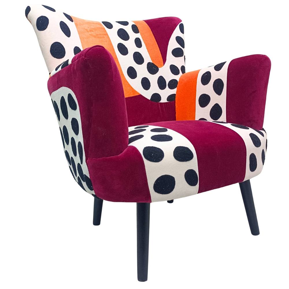 Poltrona Pop art bordeaux arancio e bianca con pois neri ricamati e piedini legno