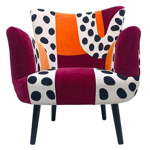 Poltrona Pop art bordeaux arancio e bianca con pois neri ricamati e piedini legno