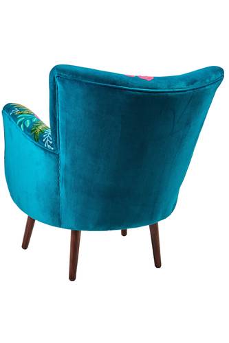 Poltrona blu ricamata Fiori tessuto cotoneeffetto velluto e piedini legno