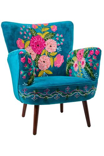 Poltrona blu ricamata Fiori tessuto cotoneeffetto velluto e piedini legno