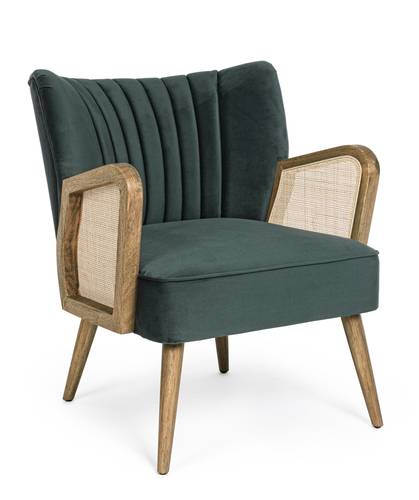 Poltrona braccioli legno e rattan velluto verde