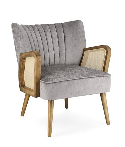 Poltrona braccioli legno e rattan velluto grigio