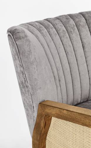 Poltrona braccioli legno e rattan velluto grigio