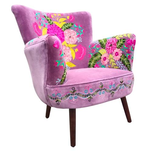 Poltrona glicine ricamata Fiori tessuto cotone effetto velluto e piedini legno