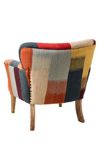 Poltrona patchwork colorata intreccio lana e cotone con piedini legno