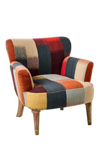 Poltrona patchwork colorata intreccio lana e cotone con piedini legno