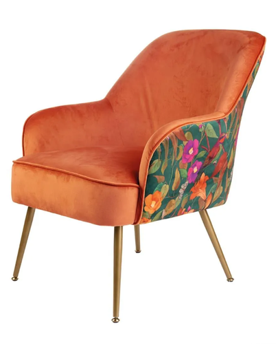 Poltrona velluto arancio con schienale a fiori piedini oro
