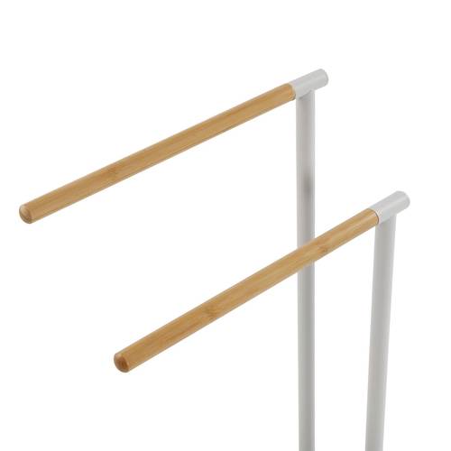 Porta asciugamani doppio legno bamboo e metallo bianco da terra