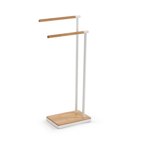 Porta asciugamani doppio legno bamboo e metallo bianco da terra