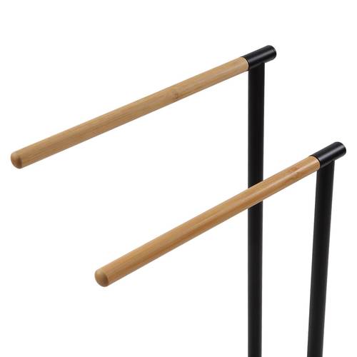 Porta asciugamani doppio legno bamboo e metallo nero da terra