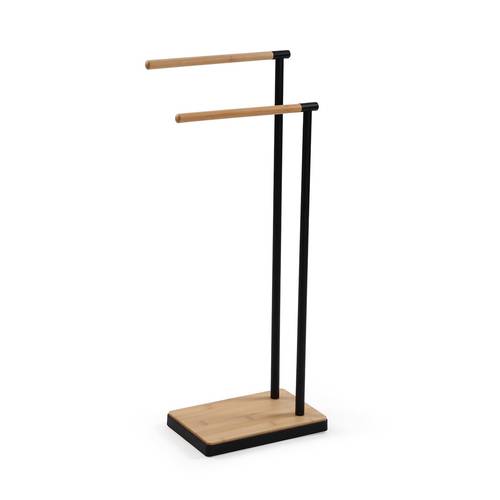 Porta asciugamani doppio legno bamboo e metallo nero da terra
