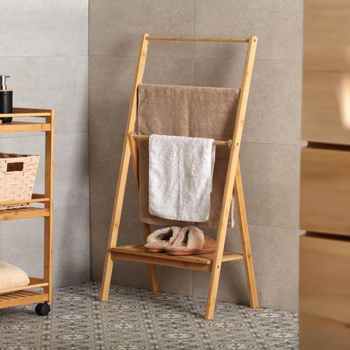 Porta asciugamani legno bamboo tre posti da terra con ripiano