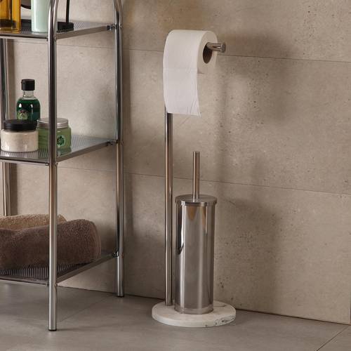 Porta rotolo acciaio cromato da terra con porta spazzolino da bagno base marmo