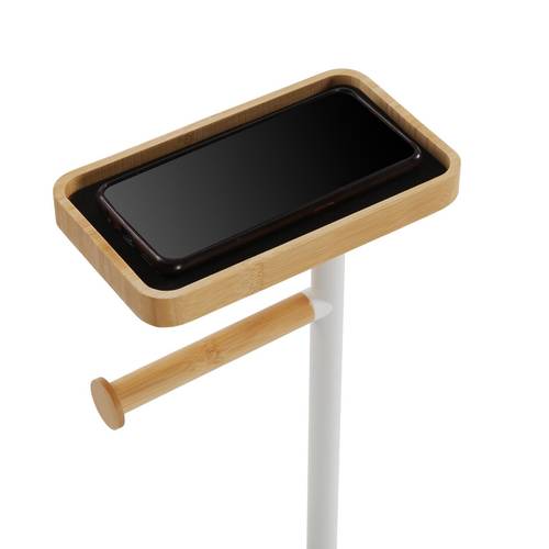 Porta rotolo bamboo e metallo bianco da terra con vaschetta porta cellulare