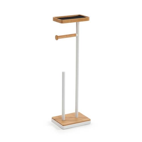 Porta rotolo bamboo e metallo bianco da terra con vaschetta porta cellulare